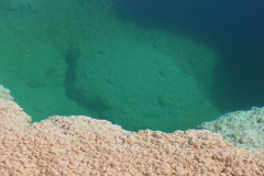 El las aguas de los Ojos de Mar viven microorganismos que han formado estromatolitos. Son estructuras minerales producidas por microorganismos que realizan fotosíntesis. Al hacerlo, captan dióxido de carbono del aire, liberan oxígeno y fijan el carbono en esas estructuras minerales.